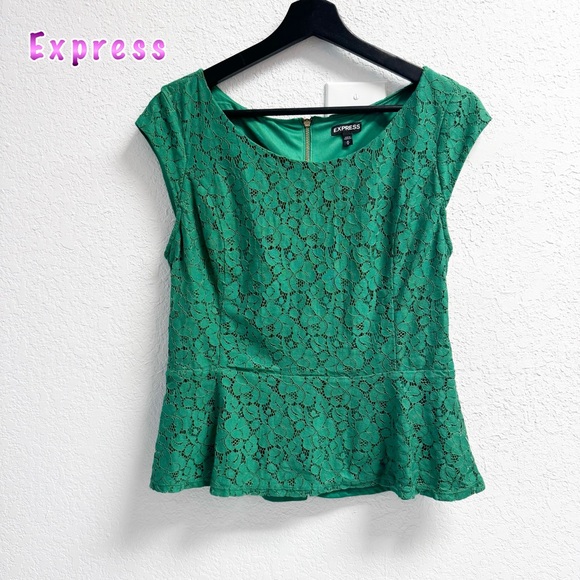 Express Green Lace Scoop Necl Cap Sleeve Popplin Top M - Picture 2 of 8